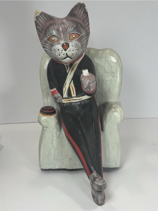 Set Of 2 Hand Carved Painted Wood Cats- Folk Art Whimsical Therapist Kitty Vtg - Picture 4 of 15